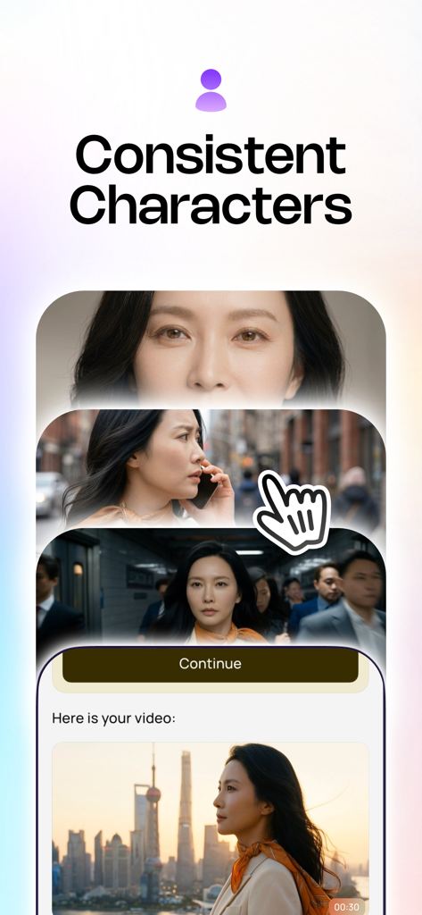 Medeo - AI Video Generator - Medeoアプリのインターフェース。同じ女性が登場する複数のAI動画シーンにわたって、一貫したキャラクター生成を示しています。