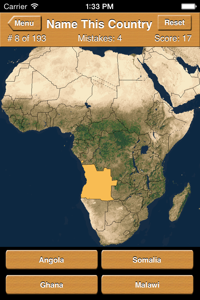 Name This Country - アフリカ地図にアンゴラがハイライトされた地理クイズインターフェース
