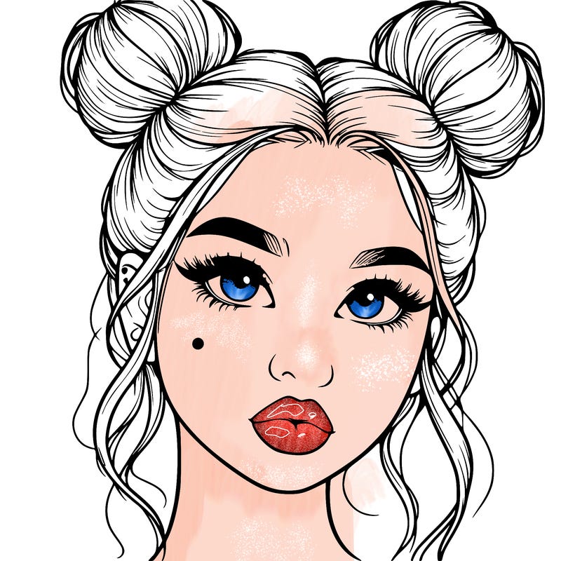 realistic girl with two buns on her hair and lips
