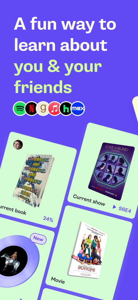 Shelf: music, books, movies - Interfaz de la aplicación Shelf que muestra tarjetas de medios para libros, películas y música actuales con iconos de integración para Spotify y Netflix