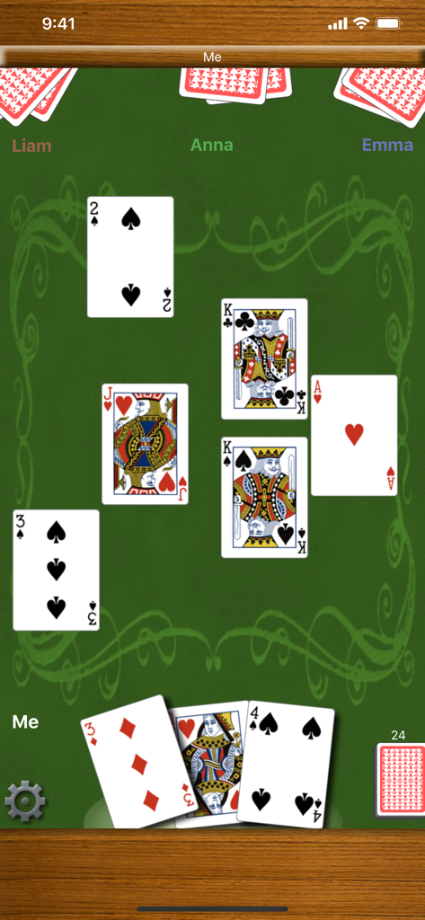 Scopa! - Pantalla de juego del juego de cartas Scopa mostrando cuatro jugadores y cartas sobre un fondo verde