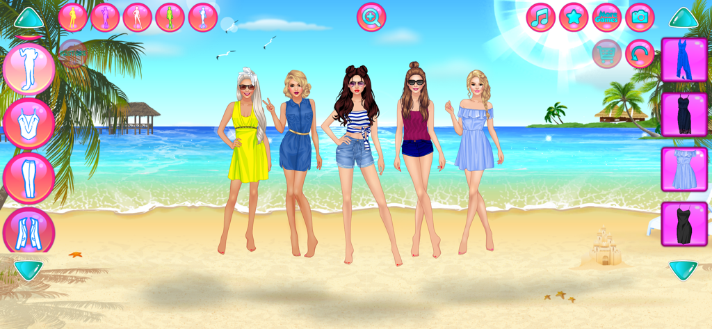 Girl Squad - BFF Fashion Games - Five girl models in summer beach outfits in the Girl Squad fashion dress up game