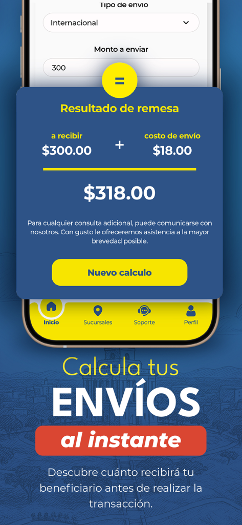 Caribe Express RD - Caribe Express RD mobile app screen showing a remittance calculator with transaction fees and total amounts