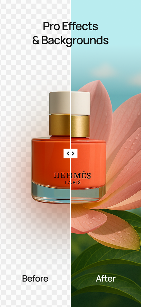 Fleur - AI Video Generator - Comparación de pantalla dividida que muestra una botella de perfume antes y después de aplicar fondos y efectos profesionales con IA.
