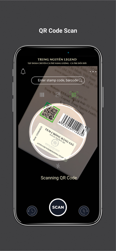 A smartphone displaying the Vietcheck app interface scanning a QR code and anti-counterfeit stamp on a product package.