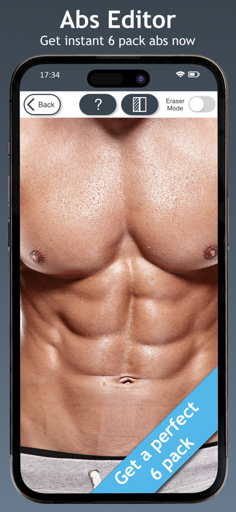 Abs Editor Six Pack Photo Body - Mobile app interface showing a muscular male torso with six pack abs for photo editing