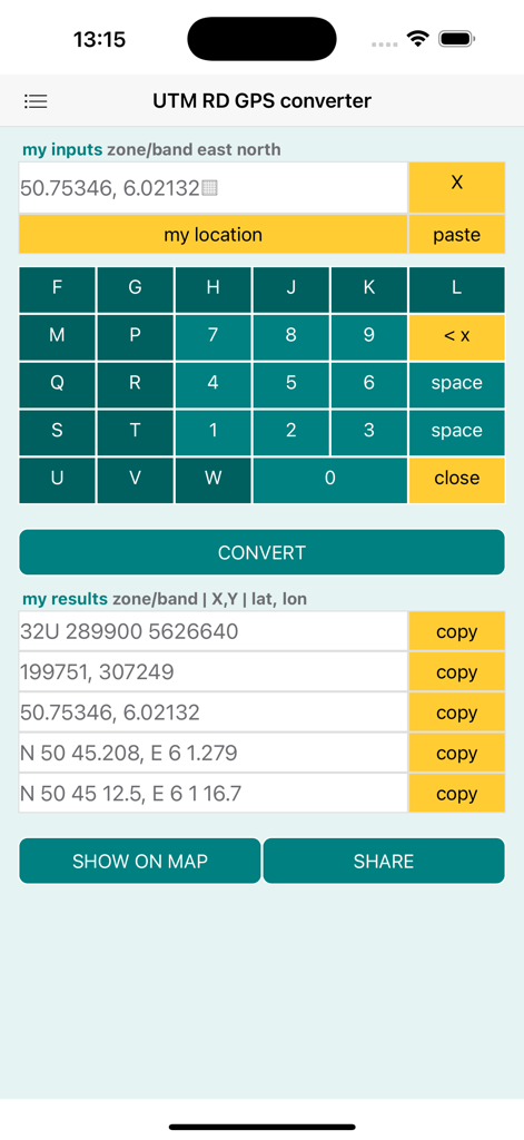 UTM RD GPS coords converter - UTM RD GPS coordinates converter app interface showing input fields, a specialized UTM keypad, and coordinate conversion results