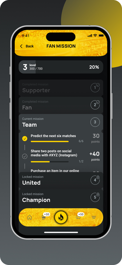 ARIS BC - ARIS BC app fan mission screen showing level progress and engagement tasks