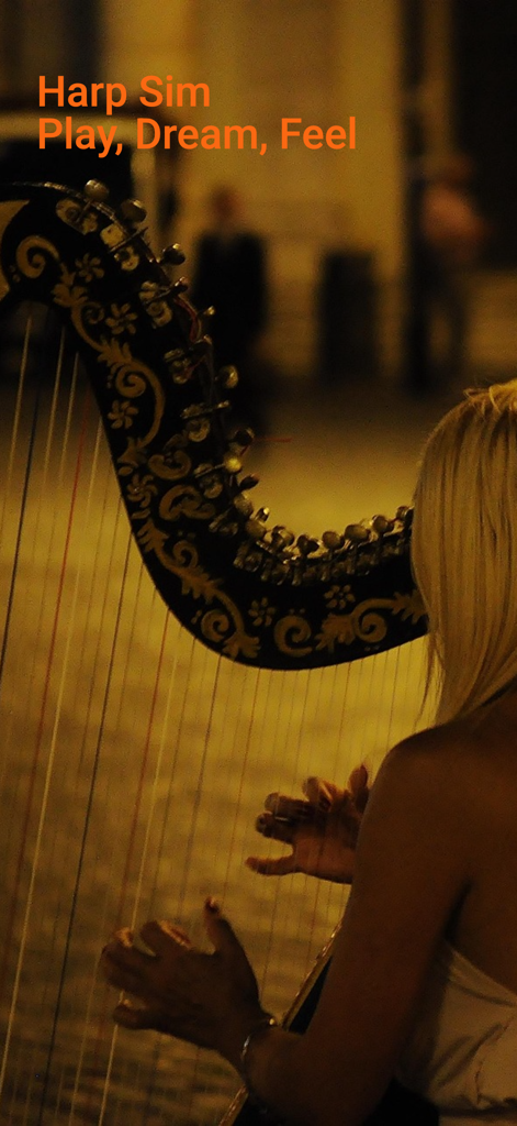Harp Sim - A musician playing a decorative harp with the Harp Sim app title and slogan Play Dream Feel