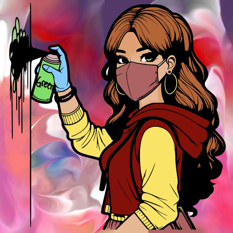 realistic girl with mask spray painting a wall