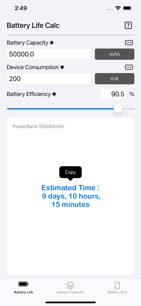 Interface of the Battery Life Calculator app showing battery runtime estimates based on capacity and consumption.