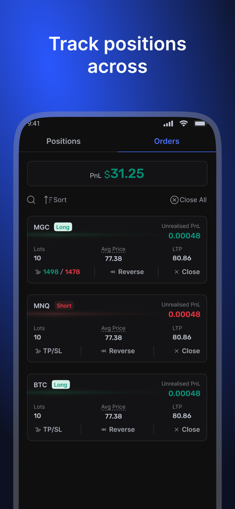 tradesea - Écran de l'application TradeSea montrant la surveillance en temps réel des positions de trading ouvertes et le suivi des profits