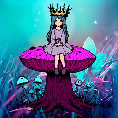 realistic girl sitting on a huge tree stump size toadstool with thorn crown
