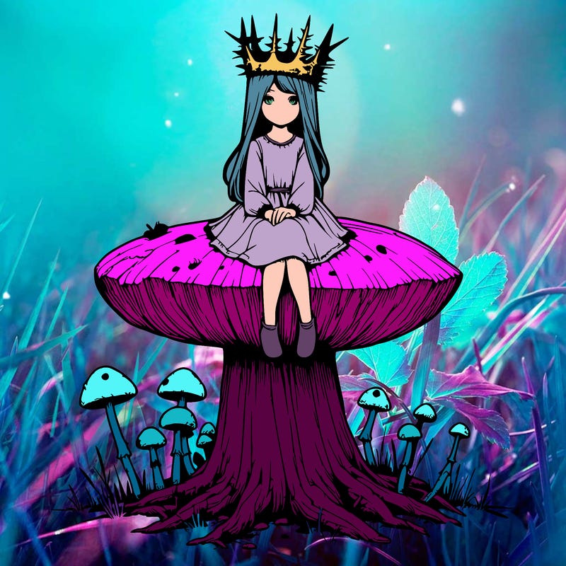 realistic girl sitting on a huge tree stump size toadstool with thorn crown