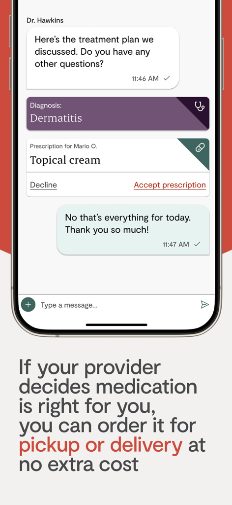 Smartphone screen showing a virtual doctor chat with a diagnosis and digital prescription for topical cream.