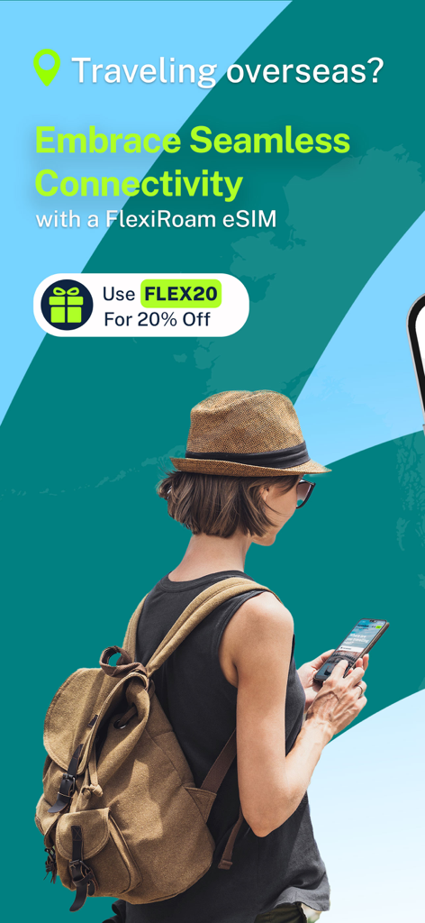 FlexiRoam eSIMを使用して海外でシームレスな接続を楽しむ、バックパックを背負った女性旅行者