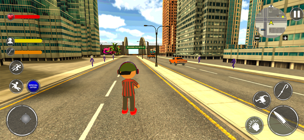 Stickman Rope Hero Simulator - A stickman hero character standing in an open world city street with skyscrapers and cars