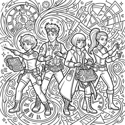 Dive into a thrilling time-travel saga with our Paradox Correctors coloring page, featuring a team dedicated to safeguarding the timeline. Explore intricate linear art designs, perfect for bringing these heroes to life with your unique color palette.