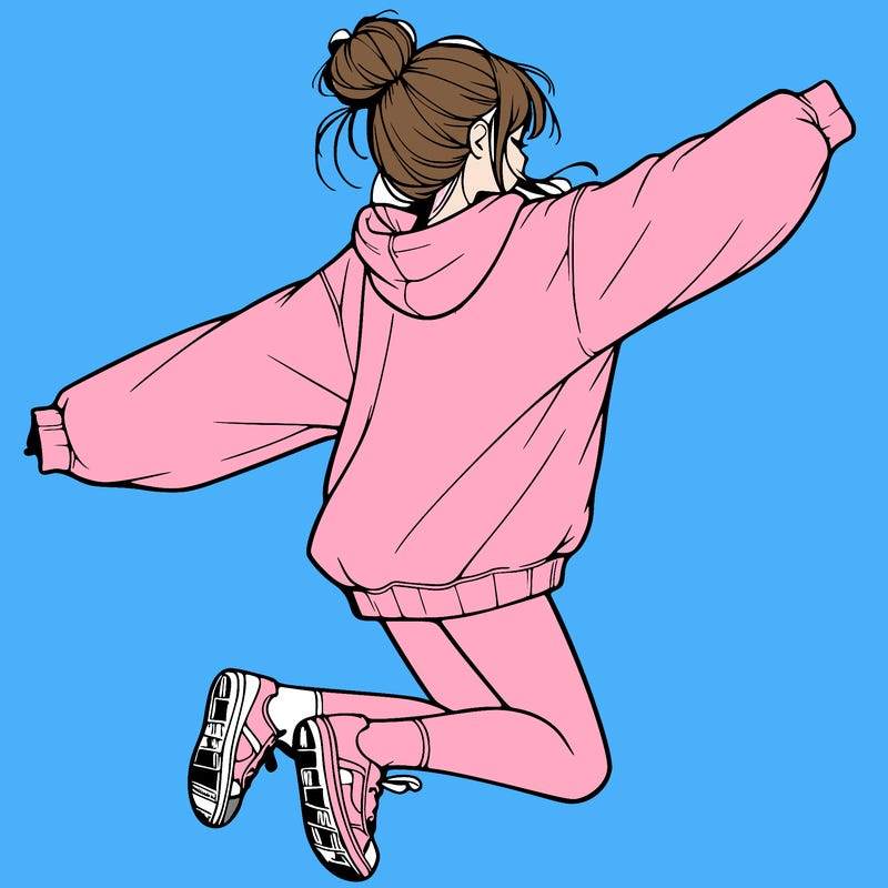 realistic girl jumping with a bun and oversized sweatshirt