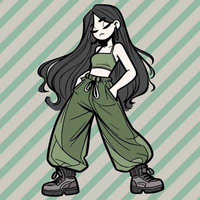 girl in baggy pants crop top and long hair