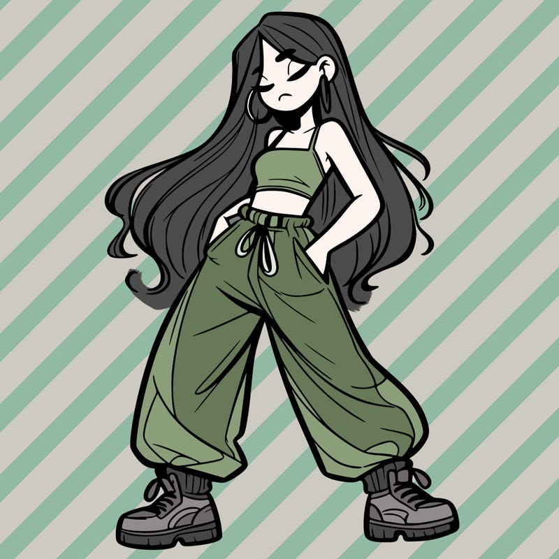 girl in baggy pants crop top and long hair