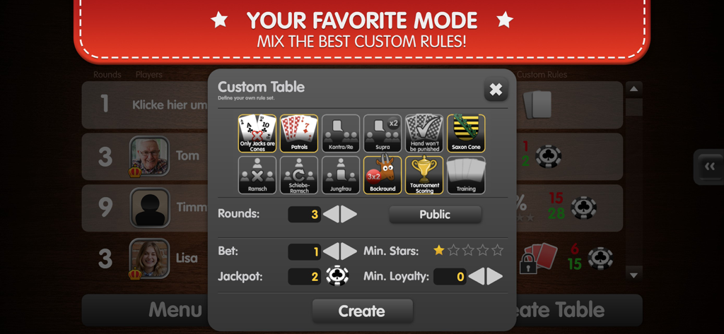 Skat Palace - Custom table setup with rule variations in the Skat Palace app