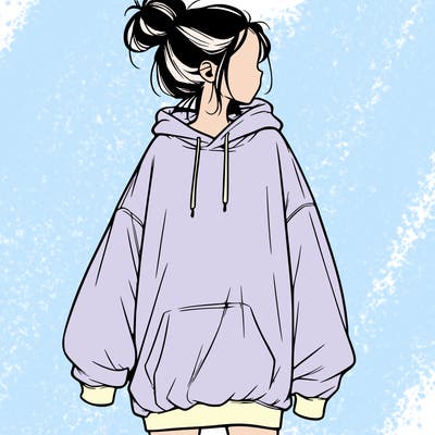 realistic girl with a oversized sweatshirt on and a bun