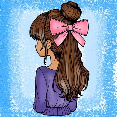 realistic girl  with hip length hair a bun and a big bow on the back of head