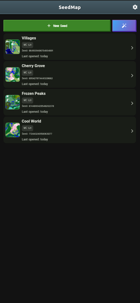 SeedMap dashboard displaying a list of saved Minecraft world seeds including Cherry Grove and Frozen Peaks