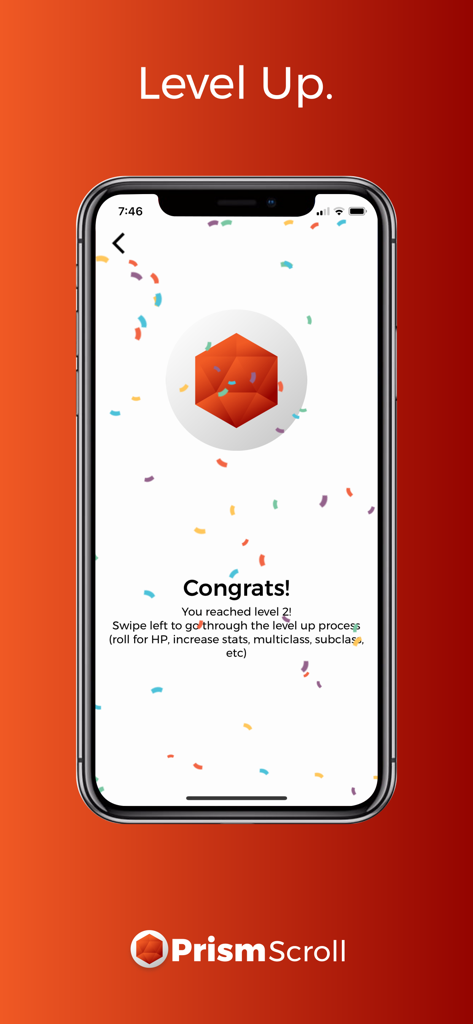 PrismScroll - Character Sheet - PrismScroll app level up screen showing level 2 celebration with confetti