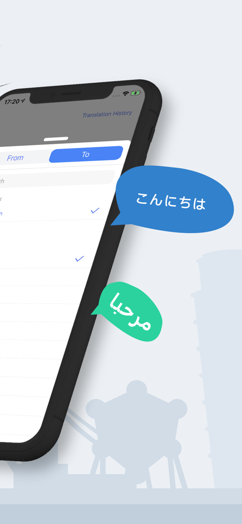 Aplicativo Insta Translate no iPhone apresentando balões de tradução em japonês e árabe.