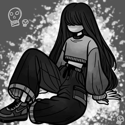 a girl with baggy pants and a crop top with long hair