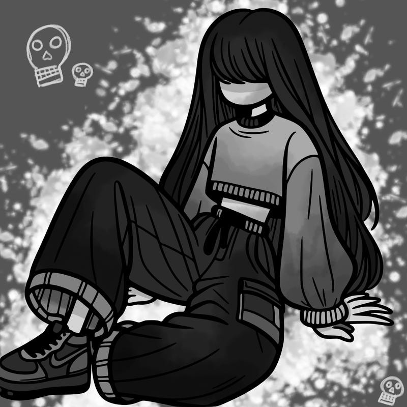 a girl with baggy pants and a crop top with long hair