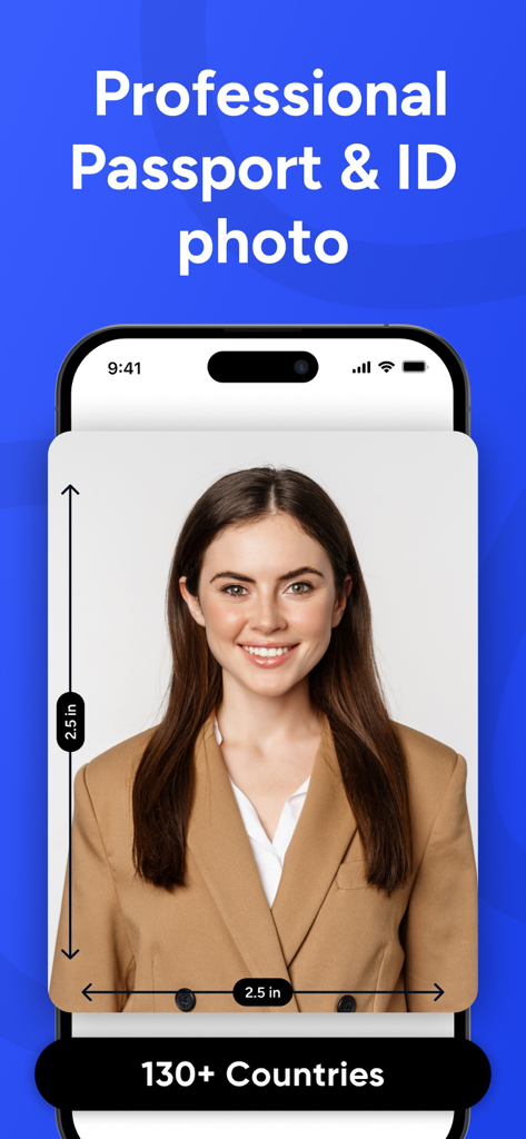 Professional passport and ID photo creator showing a portrait with 2.5x2.5 inch dimensions for various countries.