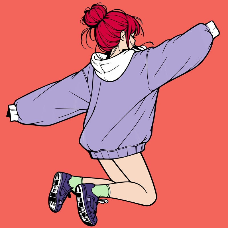 realistic girl jumping with a bun and oversized sweatshirt