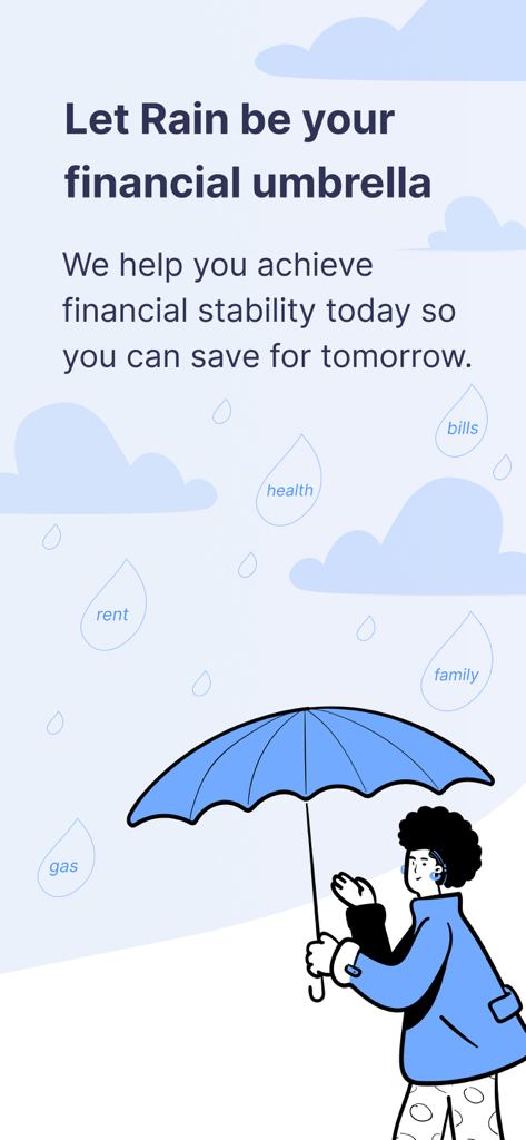 Marketing illustration showing a person holding a blue umbrella to shield themselves from raindrops labeled with expenses like rent, bills, and gas.