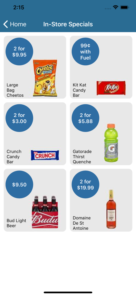 In-store specials screen in the More Miles Journie Rewards app featuring snack and drink deals