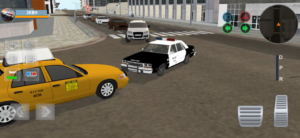 Police Simulator: City Crime - Gameplay of Police Simulator City Crime showing a police car and a taxi on a city street with on-screen controls.
