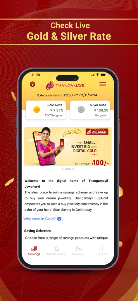 Thangamayil DigiGold app screen displaying live gold and silver rates