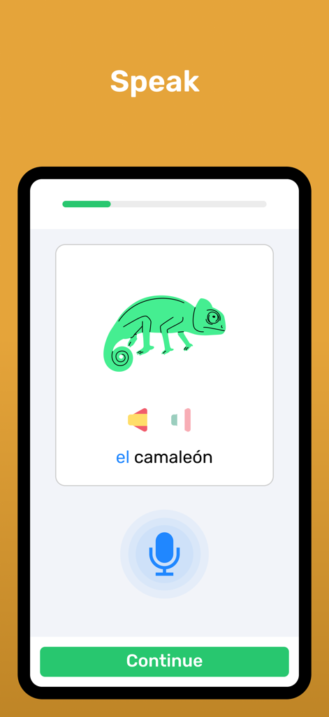 Wlingua Spanish app speaking practice screen with chameleon illustration and voice recognition button