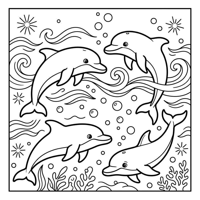 Embark on an underwater adventure with this delightful coloring page featuring four playful bottlenose dolphins. Designed with kids in mind, it's perfect for inspiring creativity and discovering marine life.