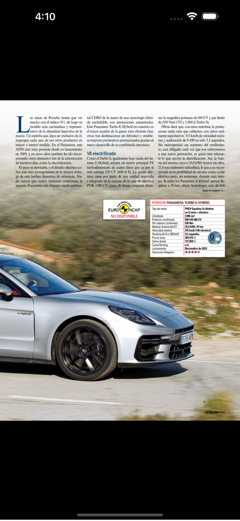 Technical review and specifications of a Porsche Panamera Turbo E-Hybrid in the Altagama magazine app.