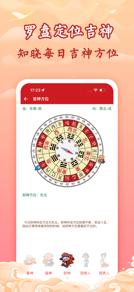 Chinese Bagua compass interface showing lucky spirit directions for daily Feng Shui
