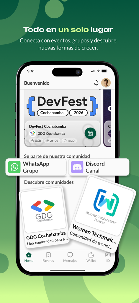 Tu Favorcito - Estudiantes - 커뮤니티 이벤트 및 학생 그룹을 보여주는 Tu Favorcito 앱 홈 화면