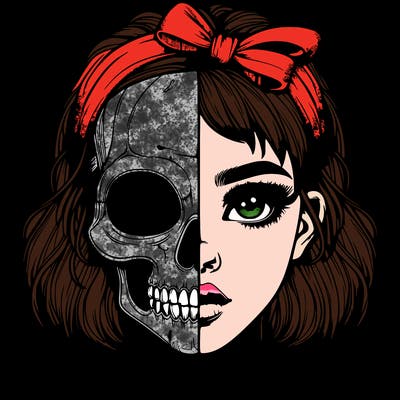 realistic girl with half skull mask