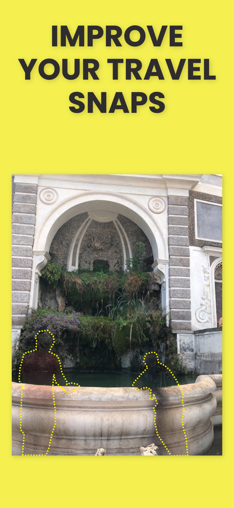 Person remover - Removex - A travel photo of a fountain with two people outlined in yellow to be removed by the Removex app