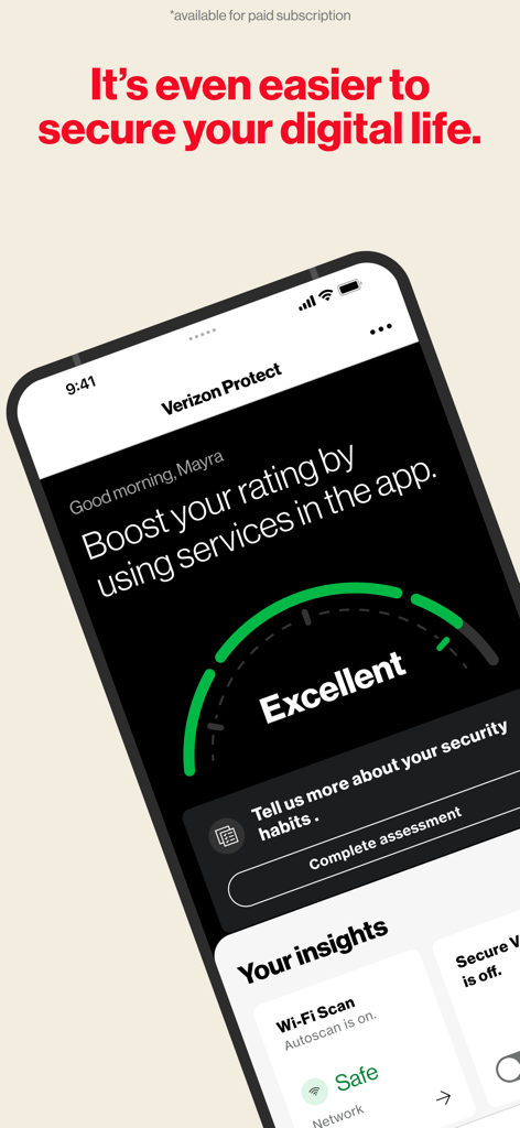 Verizon Protect app screen showing an excellent security rating and digital safety insights