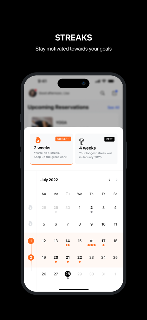 Workout streaks and activity calendar on the 24GO fitness app