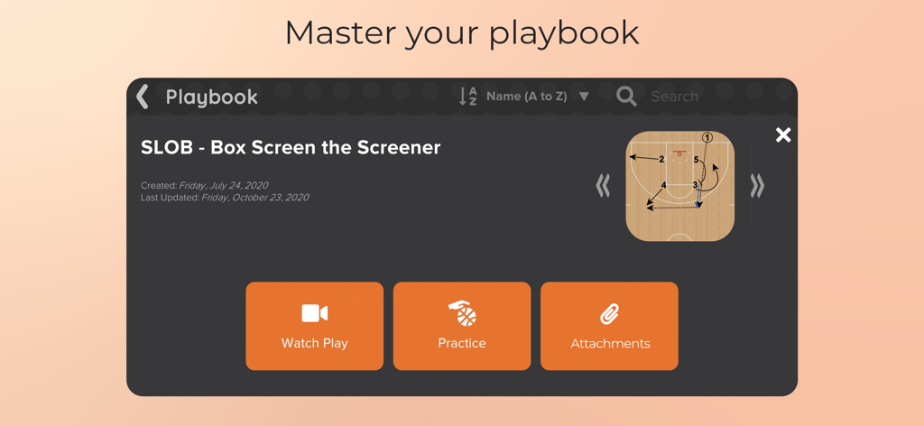 FastReps - FastReps mobile app interface showing a basketball playbook screen with a play diagram and practice options