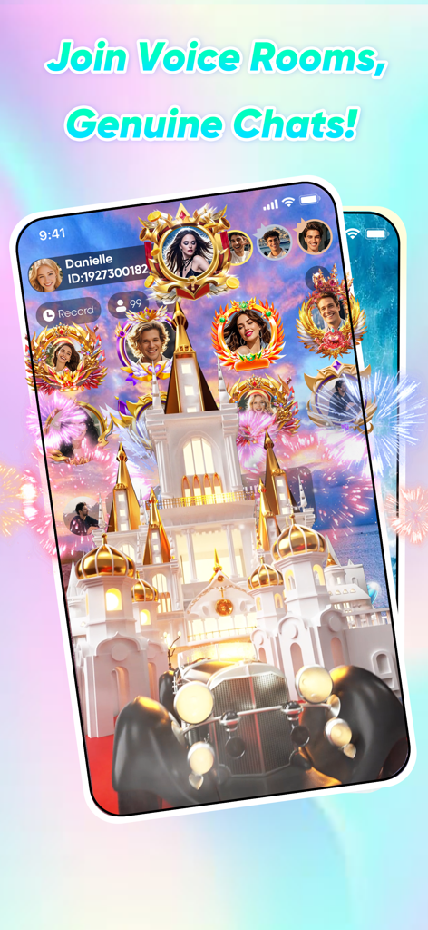 Mobile app interface showing a decorative voice chat room with multiple user profile pictures and a fantasy castle background.